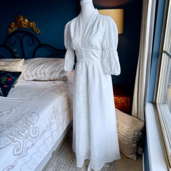 White 3/4 Puff Sleeve Maxi Dress - Picture 3 of 15